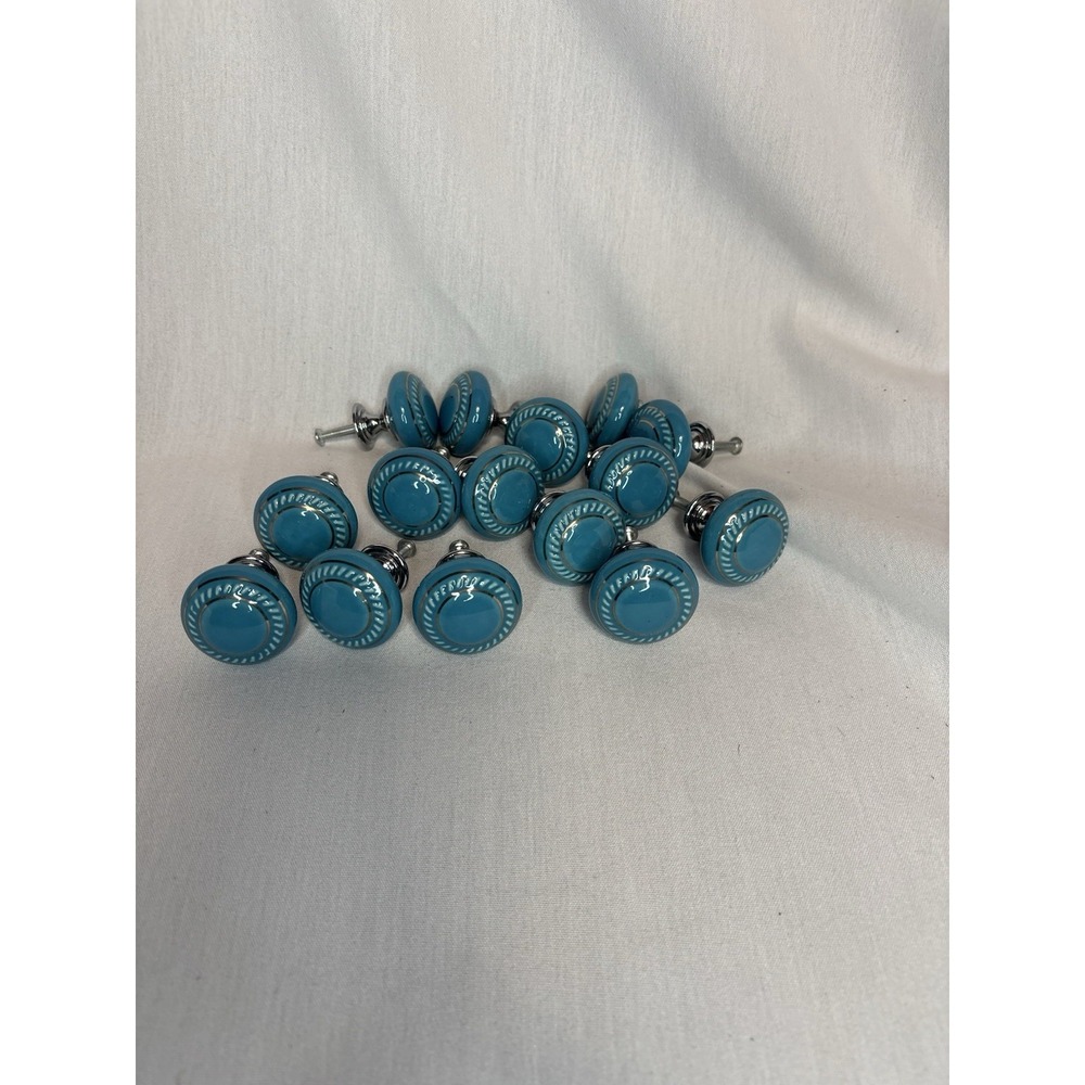 Set of 15 Blue & Gold Cabinet Knobs with Metal Hardware, approx 1.5 in Round